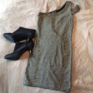bebe beaded one shoulder sweater dress.